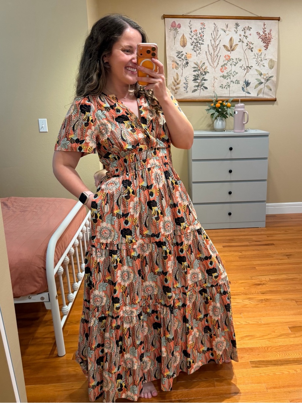 Anthropologie Peach Floral Tiered Maxi Dress with Black Accents Somerset Medium